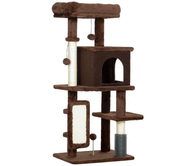 Pawhut árbol rascador para gatos altura 104 cm árbol para gatos torre para gatos con plataformas poste con cepillo bolas colgantes y almohadilla para rascar marrón
