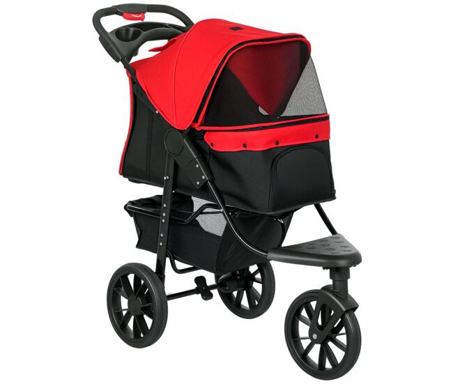 Pawhut carrito para perros plegable cochecito para mascotas carrito para perros pequeños con 3 ruedas ventanas de malla cesta y correas de seguridad carga 25 kg 109,5x57,5x106,5 cm rojo