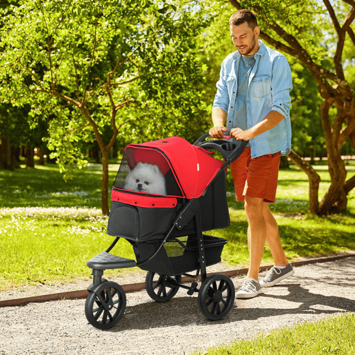 PawHut Carrinho dobrável para animais de estimação com 3 rodas Correias de segurança e cesto de armazenamento 109,5x54,5x106,5 cm Vermelho e preto