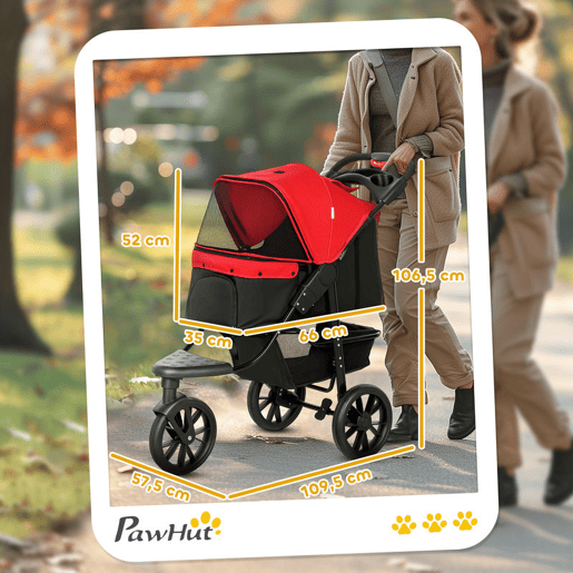 PawHut Carrinho dobrável para animais de estimação com 3 rodas Correias de segurança e cesto de armazenamento 109,5x54,5x106,5 cm Vermelho e preto