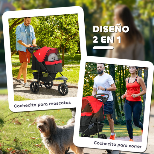 PawHut Carrinho dobrável para animais de estimação com 3 rodas Correias de segurança e cesto de armazenamento 109,5x54,5x106,5 cm Vermelho e preto
