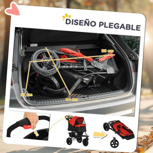 PawHut Carrinho dobrável para animais de estimação com 3 rodas Correias de segurança e cesto de armazenamento 109,5x54,5x106,5 cm Vermelho e preto