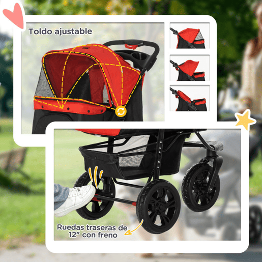PawHut Carrinho dobrável para animais de estimação com 3 rodas Correias de segurança e cesto de armazenamento 109,5x54,5x106,5 cm Vermelho e preto