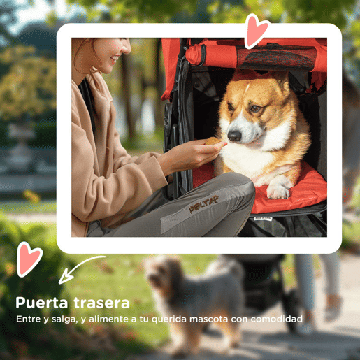 PawHut Carrinho dobrável para animais de estimação com 3 rodas Correias de segurança e cesto de armazenamento 109,5x54,5x106,5 cm Vermelho e preto