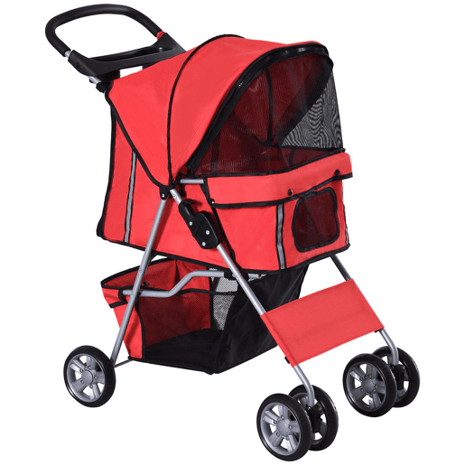 PawHut Carrinho para Cães Dobrável, Carrinho para Cães Pequenos com Cesta de Armazenamento, Janelas de Rede, Suporte para Copos, Rodas EVA, Almofada Lavável, Travões, Carga 10 kg, 75x45x97 cm, Vermelho