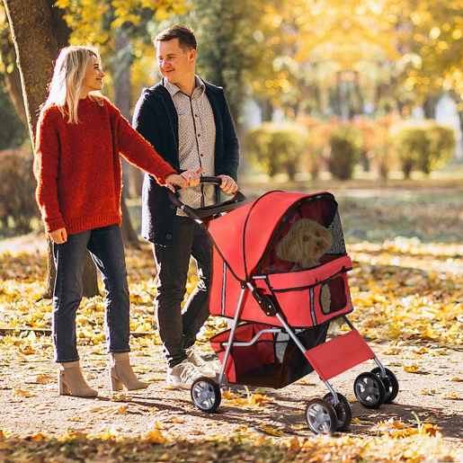 PawHut Carrinho para Cães Dobrável, Carrinho para Cães Pequenos com Cesta de Armazenamento, Janelas de Rede, Suporte para Copos, Rodas EVA, Almofada Lavável, Travões, Carga 10 kg, 75x45x97 cm, Vermelho