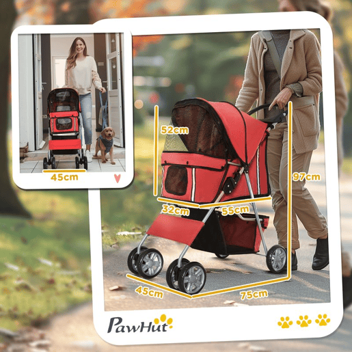 PawHut Carrinho para Cães Dobrável, Carrinho para Cães Pequenos com Cesta de Armazenamento, Janelas de Rede, Suporte para Copos, Rodas EVA, Almofada Lavável, Travões, Carga 10 kg, 75x45x97 cm, Vermelho