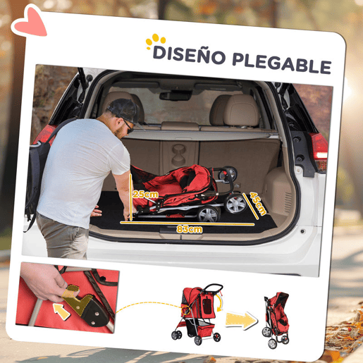 PawHut Carrinho para Cães Dobrável, Carrinho para Cães Pequenos com Cesta de Armazenamento, Janelas de Rede, Suporte para Copos, Rodas EVA, Almofada Lavável, Travões, Carga 10 kg, 75x45x97 cm, Vermelho