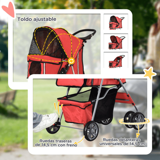 PawHut Carrinho para Cães Dobrável, Carrinho para Cães Pequenos com Cesta de Armazenamento, Janelas de Rede, Suporte para Copos, Rodas EVA, Almofada Lavável, Travões, Carga 10 kg, 75x45x97 cm, Vermelho