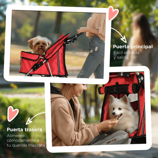 PawHut Carrinho para Cães Dobrável, Carrinho para Cães Pequenos com Cesta de Armazenamento, Janelas de Rede, Suporte para Copos, Rodas EVA, Almofada Lavável, Travões, Carga 10 kg, 75x45x97 cm, Vermelho
