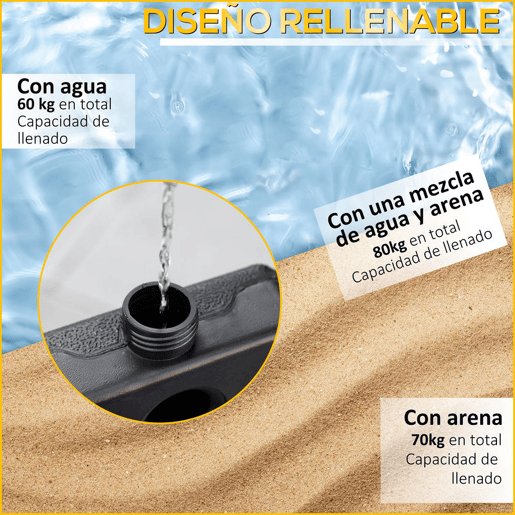 Outsunny Conjunto de Pesos para Base de Chapéu de Sol de 4 Peças Base para Chapéu de Sol Quadrado Preenchível 60 kg de Água 70 kg de Areia ou 80 kg Mixto para Base Cruzada Preto