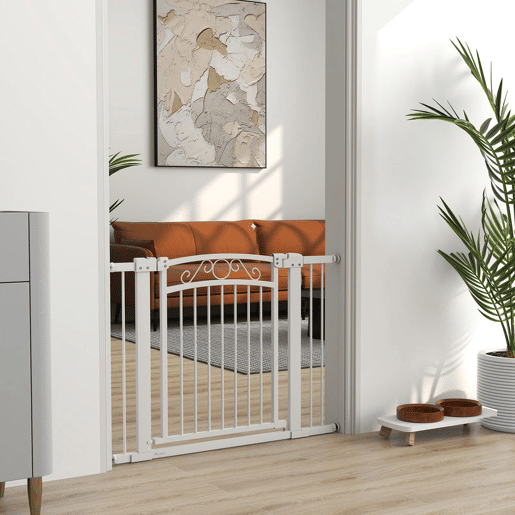 PawHut Barreira de Segurança para Cães Extensível 76-102 cm Barreira para Animais de Estimação Barreira para Cães com 2 Extensões Duplo Bloqueio para Escada Porta Branco