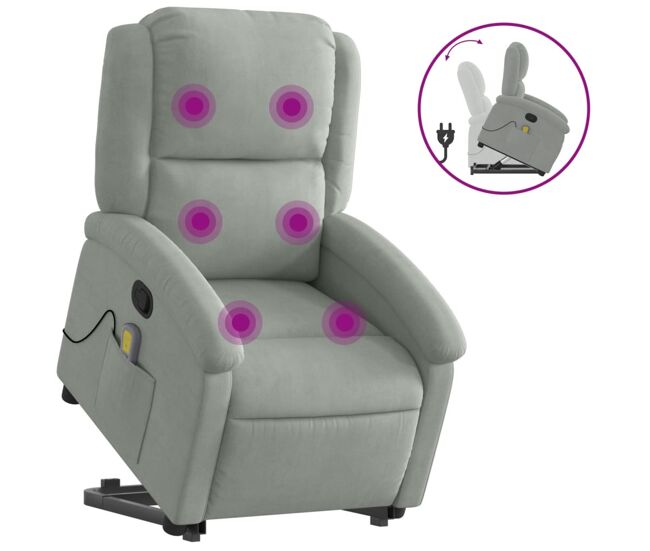 Vidaxl sillón reclinable de masaje elevable terciopelo gris claro