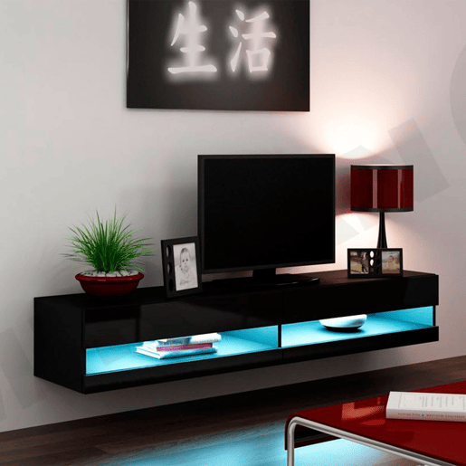 Gabinete de TV moderno Nyana Home | Com luz LED integrada | Design flutuante e elegante | Amplo armazenamento | Medidas: 180x30x40cm | Preto Gabinete de TV moderno Nyana Home | Com luz LED integrada | Design flutuante e elegante | Amplo armazenamento | Medidas: 180x30x40cm | Preto