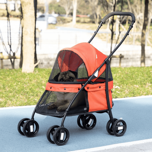 PawHut Carrinho para Animais de Estimação Dobrável Carrinho de Passeio para Cães e Gatos com Janela de Malha Almofada Lavável Arnês de Segurança e Estrutura de Aço 82x47x97cm Vermelho