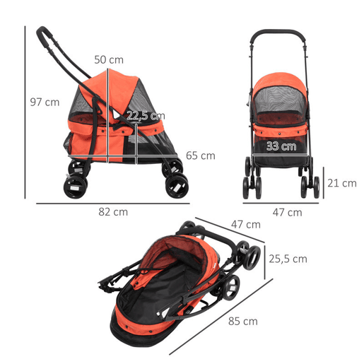 PawHut Carrinho para Animais de Estimação Dobrável Carrinho de Passeio para Cães e Gatos com Janela de Malha Almofada Lavável Arnês de Segurança e Estrutura de Aço 82x47x97cm Vermelho