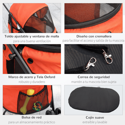 PawHut Carrinho para Animais de Estimação Dobrável Carrinho de Passeio para Cães e Gatos com Janela de Malha Almofada Lavável Arnês de Segurança e Estrutura de Aço 82x47x97cm Vermelho
