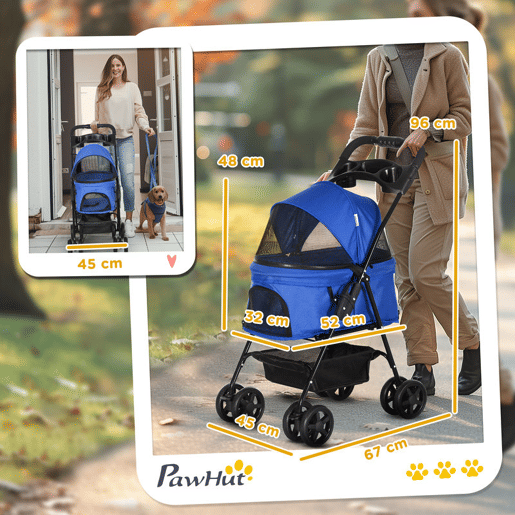 PawHut Carrinho dobrável para animais de estimação, desmontável para cães de aço Oxford rodas giratórias freios janela 67x45x96 cm azul