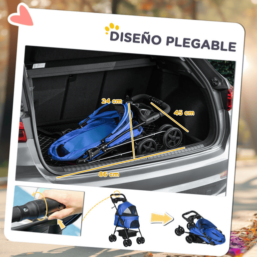 PawHut Carrinho dobrável para animais de estimação, desmontável para cães de aço Oxford rodas giratórias freios janela 67x45x96 cm azul