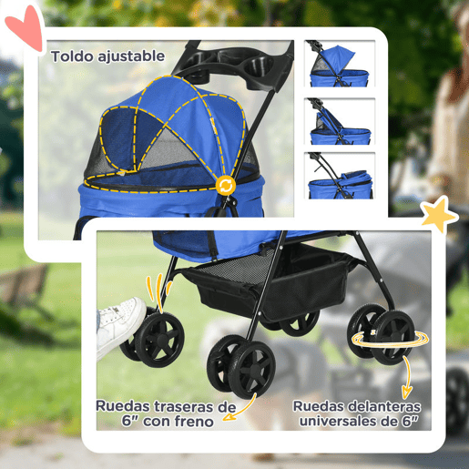 PawHut Carrinho dobrável para animais de estimação, desmontável para cães de aço Oxford rodas giratórias freios janela 67x45x96 cm azul