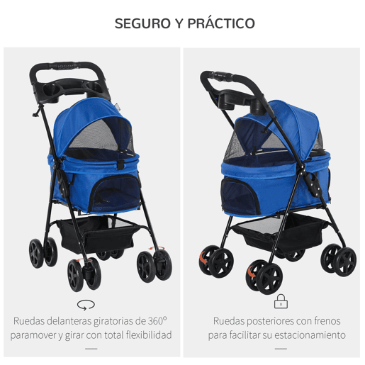 PawHut Carrinho dobrável para animais de estimação, desmontável para cães de aço Oxford rodas giratórias freios janela 67x45x96 cm azul