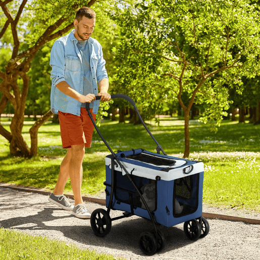 PawHut Carrinho para Animais de Estimação Carrinho para Cães Dobrável com Compartimento Desmontável 4 Portas com Fecho de Correr 2 Correias de Segurança e de Transporte 81x58x97,5 cm Azul