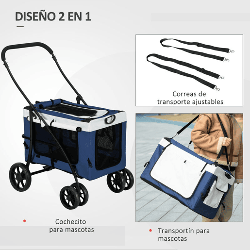 PawHut Carrinho para Animais de Estimação Carrinho para Cães Dobrável com Compartimento Desmontável 4 Portas com Fecho de Correr 2 Correias de Segurança e de Transporte 81x58x97,5 cm Azul