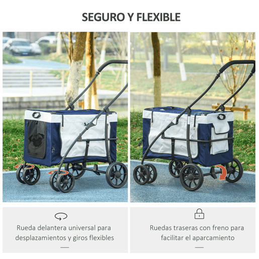 PawHut Carrinho para Animais de Estimação Carrinho para Cães Dobrável com Compartimento Desmontável 4 Portas com Fecho de Correr 2 Correias de Segurança e de Transporte 81x58x97,5 cm Azul
