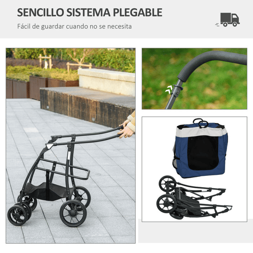 PawHut Carrinho para Animais de Estimação Carrinho para Cães Dobrável com Compartimento Desmontável 4 Portas com Fecho de Correr 2 Correias de Segurança e de Transporte 81x58x97,5 cm Azul
