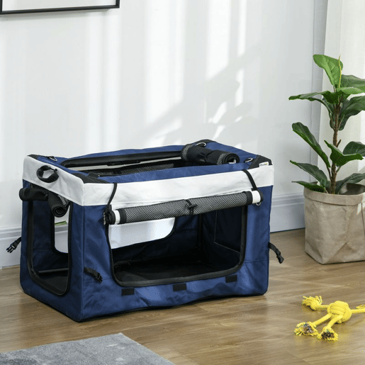 PawHut Carrinho para Animais de Estimação Carrinho para Cães Dobrável com Compartimento Desmontável 4 Portas com Fecho de Correr 2 Correias de Segurança e de Transporte 81x58x97,5 cm Azul