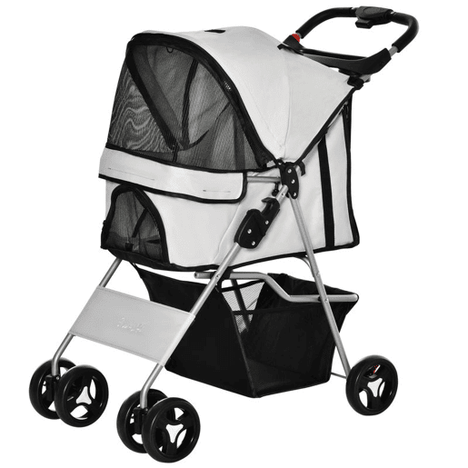 PawHut Carrinho para Animais de Estimação Dobrável para Cães com Capô Ajustável Cesta de Armazenamento e Rodas com Freio Tecido Oxford Estrutura de Aço 74x46x94cm Cinza