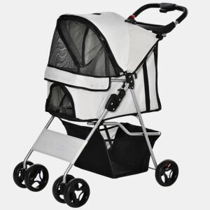 PawHut Carrinho para Animais de Estimação Dobrável para Cães com Capô Ajustável Cesta de Armazenamento e Rodas com Freio Tecido Oxford Estrutura de Aço 74x46x94cm Cinza