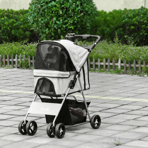 PawHut Carrinho para Animais de Estimação Dobrável para Cães com Capô Ajustável Cesta de Armazenamento e Rodas com Freio Tecido Oxford Estrutura de Aço 74x46x94cm Cinza