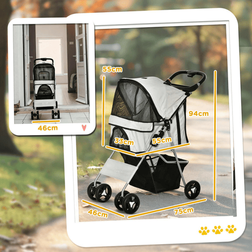 PawHut Carrinho para Animais de Estimação Dobrável para Cães com Capô Ajustável Cesta de Armazenamento e Rodas com Freio Tecido Oxford Estrutura de Aço 74x46x94cm Cinza