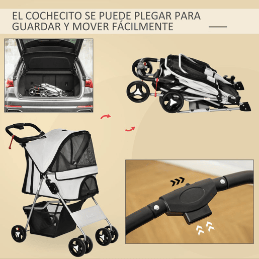 PawHut Carrinho para Animais de Estimação Dobrável para Cães com Capô Ajustável Cesta de Armazenamento e Rodas com Freio Tecido Oxford Estrutura de Aço 74x46x94cm Cinza