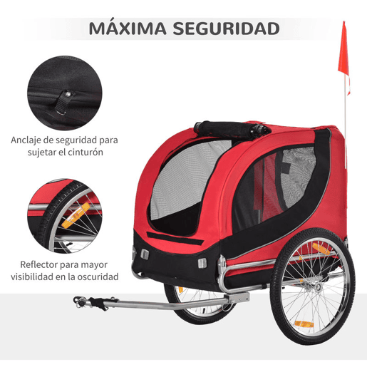 PawHut Reboque de Bicicleta para Cães Reboque de Bicicleta para Animais de Estimação com 1 Bandeira e Reflectores 130x73x90cm Vermelho e Preto