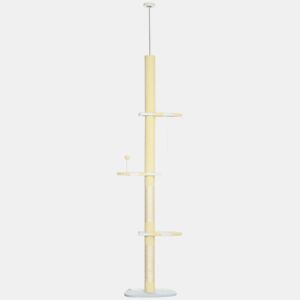 PawHut Árvore para Gatos do Chão ao Teto 220-260cm Altura Ajustável Torre para Gatos com 3 Plataformas Poste de Sisal e Bola para Brincar 47x34x220-260cm Creme