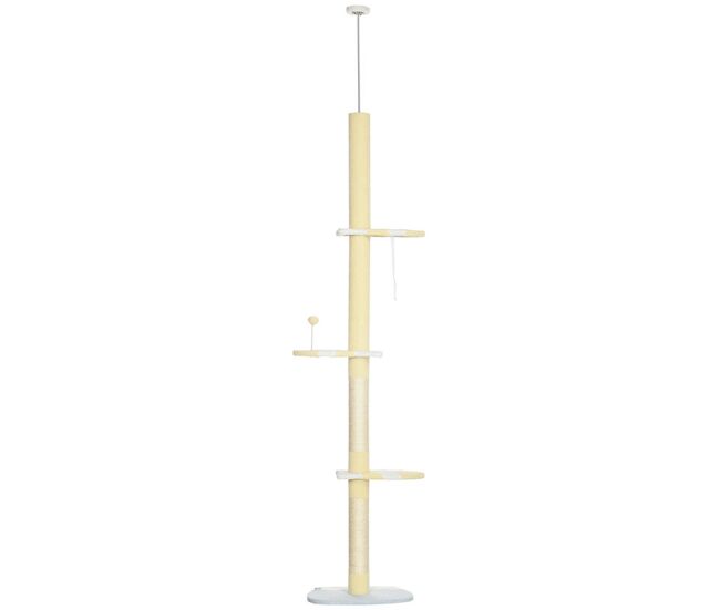 Pawhut árbol para gatos del suelo al techo 220-260 cm altura ajustable torre para gatos con 3 plataformas poste escalador de sisal y bola para jugar 47x34x220-260 cm amarillo
