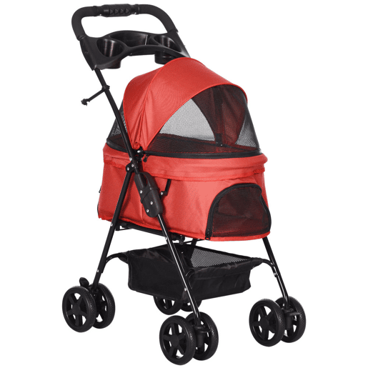 PawHut Carrinho para para animais de estimação dobrável e removível para cães em aço tecido Oxford rodas giratórias freios Janela para gatos pequenos Cães 67x45x96 cm Vermelho