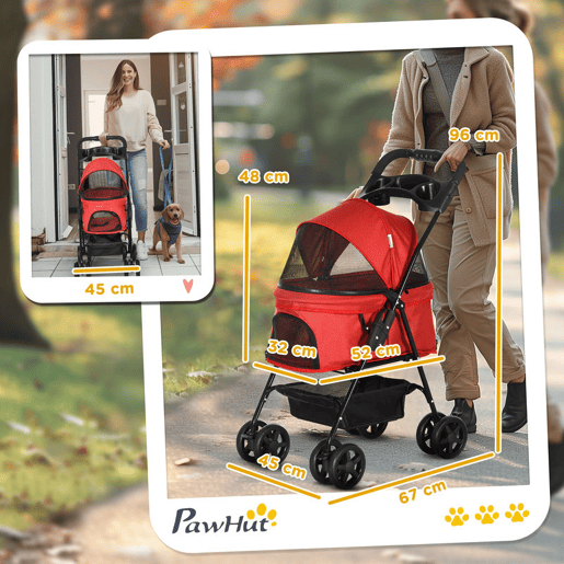 PawHut Carrinho para para animais de estimação dobrável e removível para cães em aço tecido Oxford rodas giratórias freios Janela para gatos pequenos Cães 67x45x96 cm Vermelho