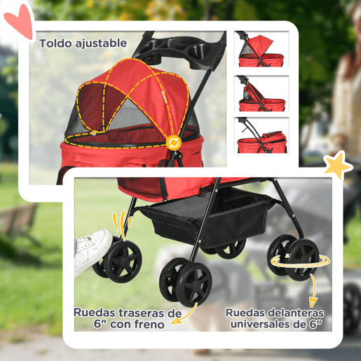 PawHut Carrinho para para animais de estimação dobrável e removível para cães em aço tecido Oxford rodas giratórias freios Janela para gatos pequenos Cães 67x45x96 cm Vermelho