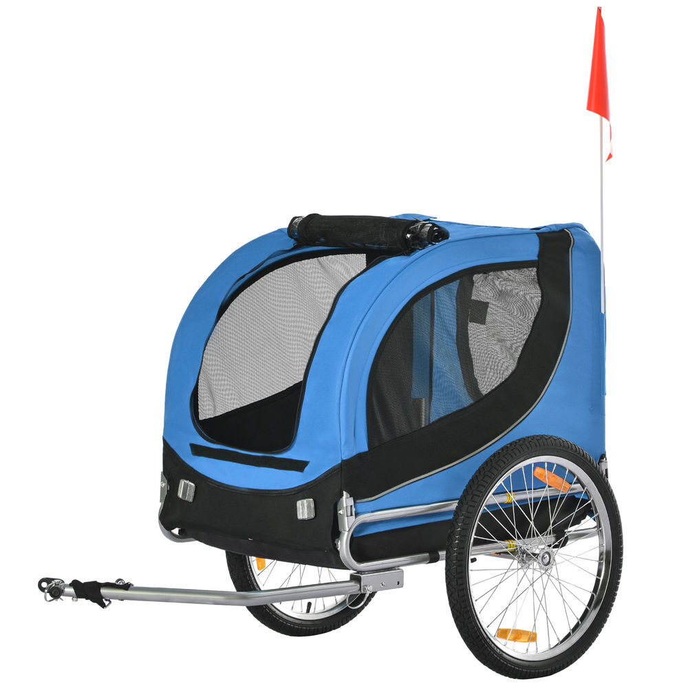 Pawhut remolque bicicleta perros mascota 1 bandera 8 reflectores remolque bici 130x73x90 cm azul negro
