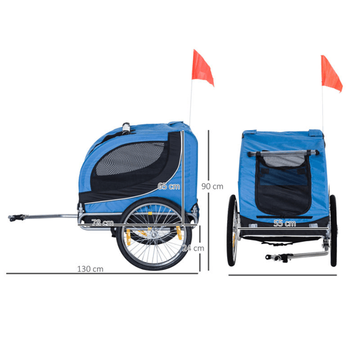 PawHut Reboque de Bicicleta para Cães Reboque de Bicicleta para Animais de Estimação com 1 Bandeira e Reflectores 130x73x90cm Azul e Preto