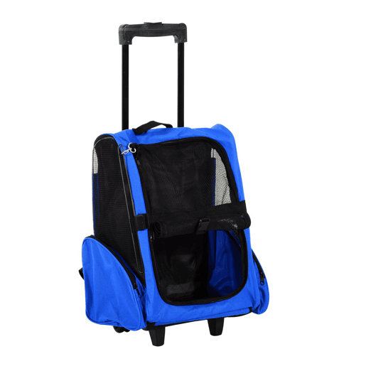 PawHut Transportadora 2 em 1 para Animais de Estimação Mochila ou Carrinho de Viagem para Cães e Gatos com 2 Rodas Alça Retrátil de Alumínio e Bolso de Armazenamento 42x25x55cm Azul