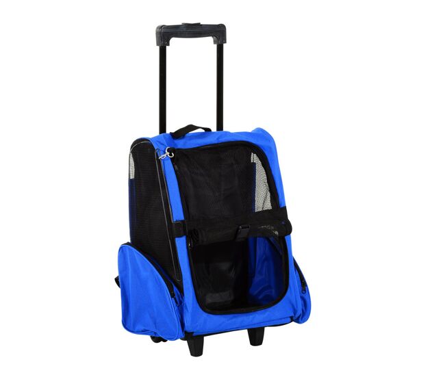 Pawhut transportín 2 en 1 para mascotas mochila o carrito de viaje para perro y gato con 2 ruedas con asa retráctil de aluminio y bolsillos 42x25x55 cm azul