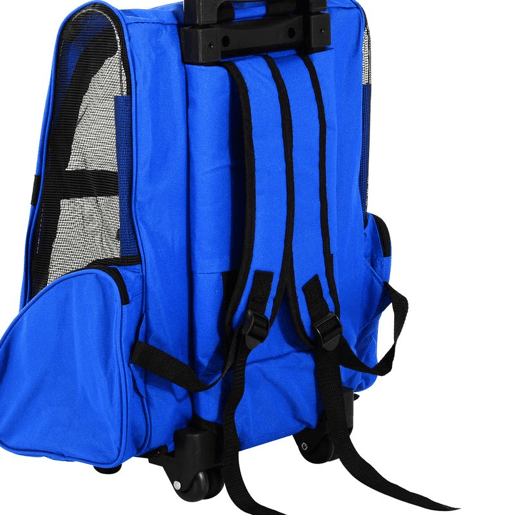PawHut Transportadora 2 em 1 para Animais de Estimação Mochila ou Carrinho de Viagem para Cães e Gatos com 2 Rodas Alça Retrátil de Alumínio e Bolso de Armazenamento 42x25x55cm Azul