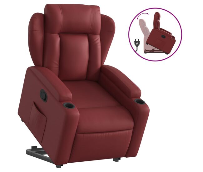 Vidaxl sillón reclinable elevable cuero artificial rojo tinto