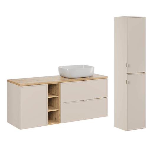 Móvel de lavatório simples 140cm 3 nichos cesto de roupa suja e móvel alto Alba Caxemira