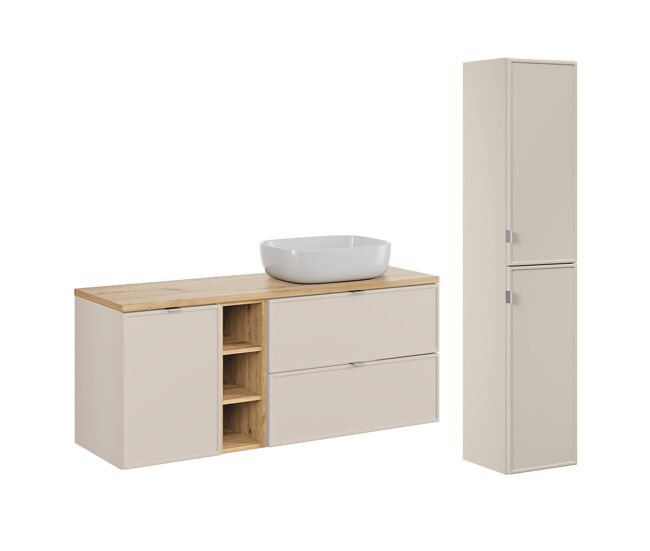 Conjunto de muebles con lavabo individual 140cm 3 compartimientos cesto de ropa y columna alba cachemira