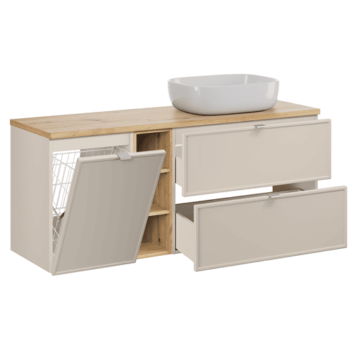 Móvel de lavatório simples 140cm 3 nichos cesto de roupa suja e móvel alto Alba Caxemira